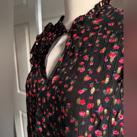 J. Crew Black and Red Ruffled Cap Sleeve floral Blouse size small - Picture 2 of 10